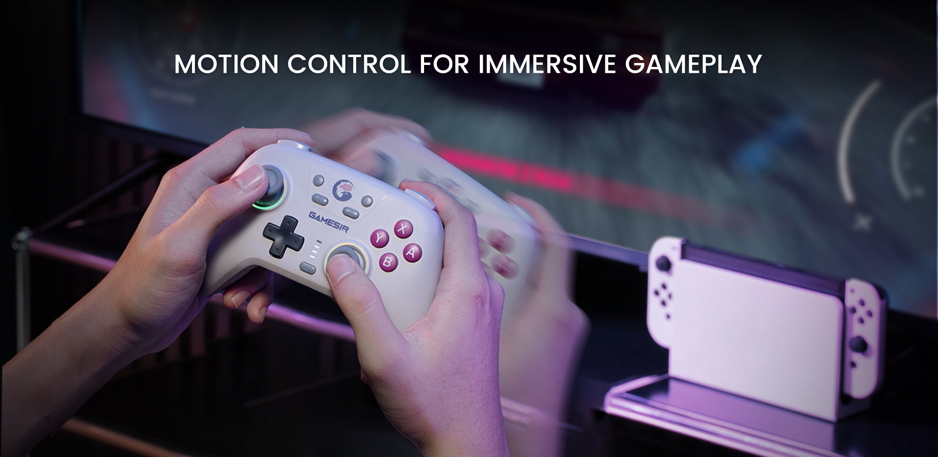 Handheld controller tilted dynamically for motion-based gameplay interactions (e.g., steering or aiming)