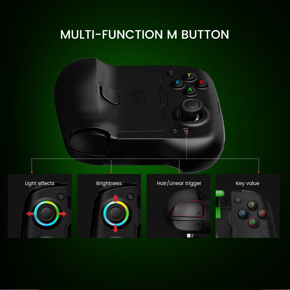 Multi - function M button on gaming controller: simplifies complex moves, enables easy control, and allows free adjustment of trigger mode, RGB, lighting, volume, and key values