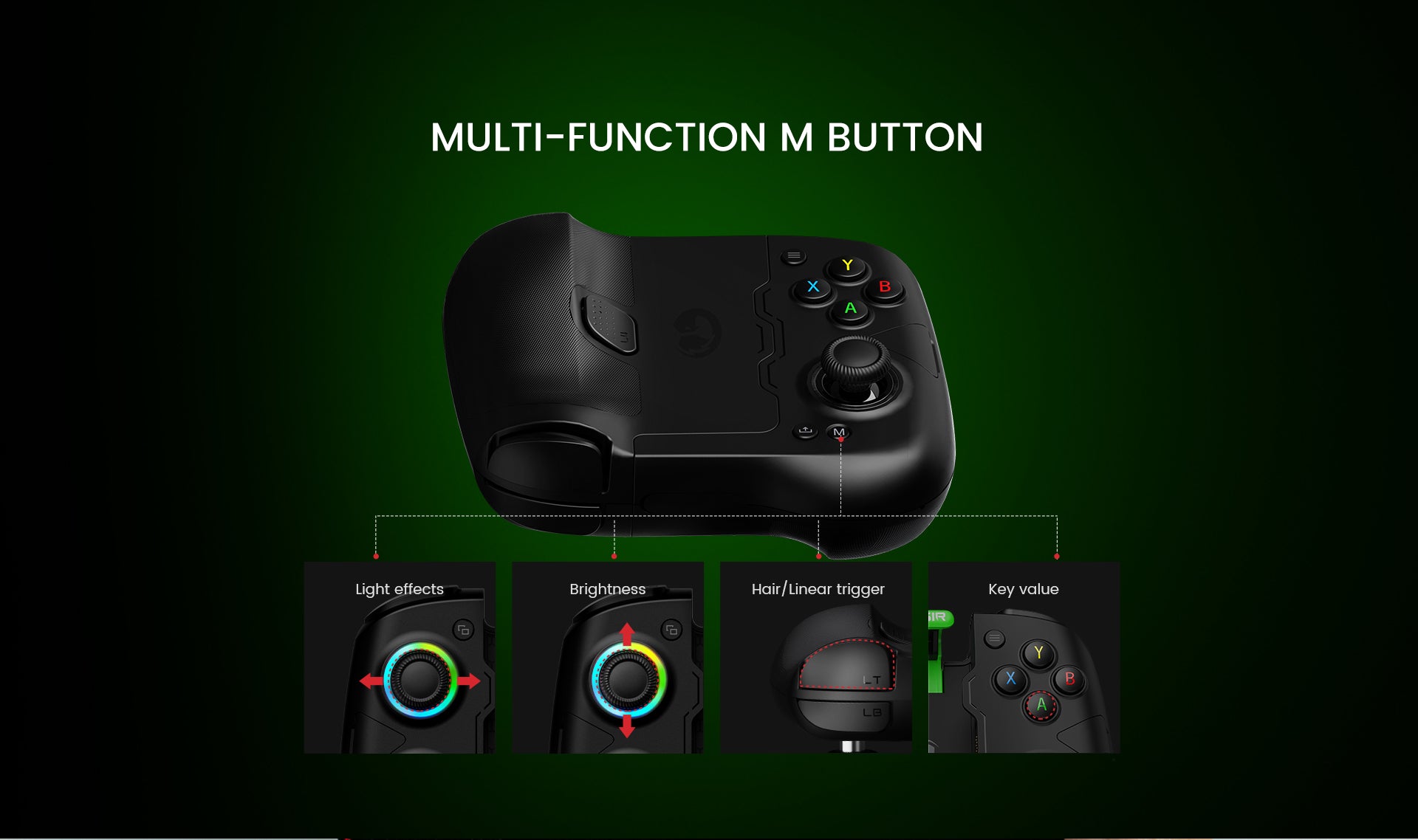 Multi - function M button on gaming controller: simplifies complex moves, enables easy control, and allows free adjustment of trigger mode, RGB, lighting, volume, and key values