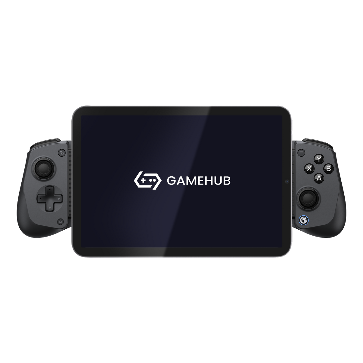GameSir X5s wireless mobile game controller attached to a tablet displaying GameHub logo, compatible with multiple devices including Switch and PC.