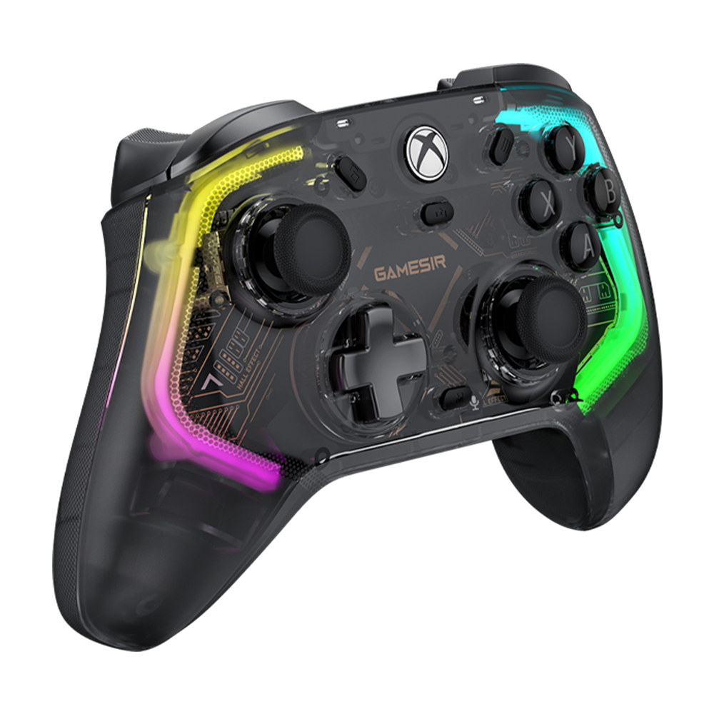 GameSir Kaleid Xbox Wired Controller with transparent body and customizable LED lights.