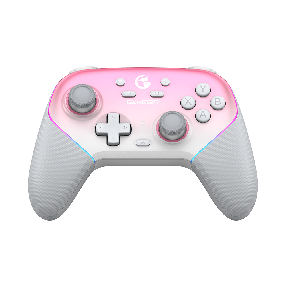 Gamesir Super Nova multiplatform game controller in white and pink.