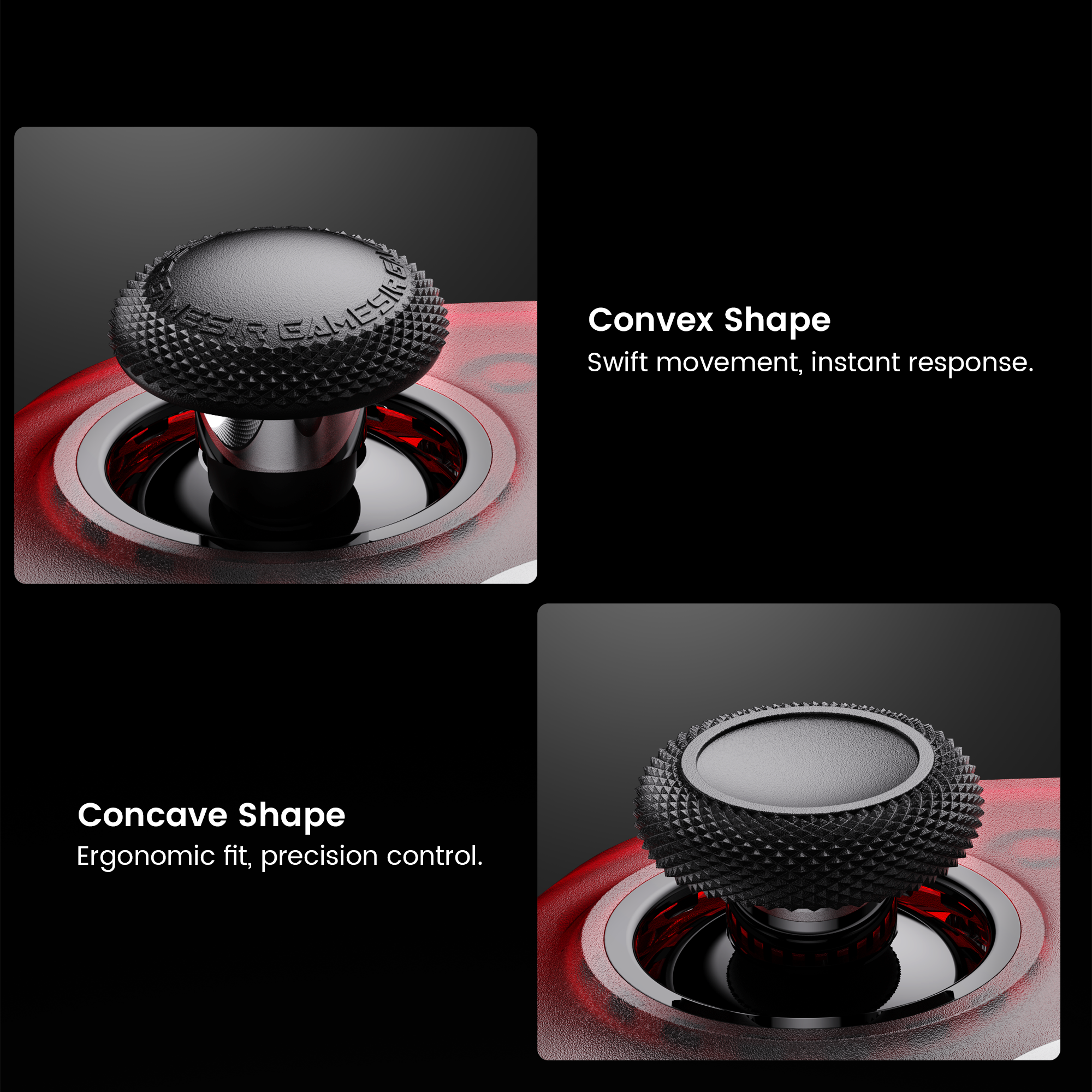 The GameSir Detachable Joystick Caps  offer two distinct profiles to enhance your gameplay: the Convex Shape is designed for swift movement and instant response, while the Concave Shape provides an ergonomic fit for precision control. This set includes three pairs of caps in various heights and shapes, ensuring a tailored experience specifically for the GameSir G7 Pro Series and Cyclone 2 controllers.