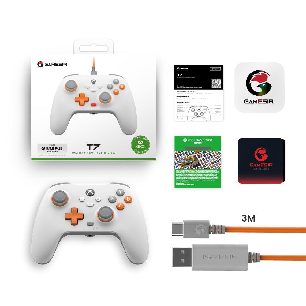 GameSir T7 Xbox Wired Controller in white with Hall Effect sticks, triggers, and four rumble motors for immersive gaming.
