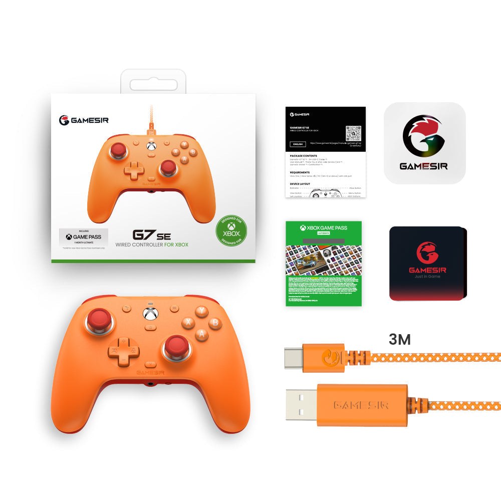 GameSir G7 SE Xbox Wired Controller in Vibrant Orange with magnetic faceplate and Hall Effect sticks.