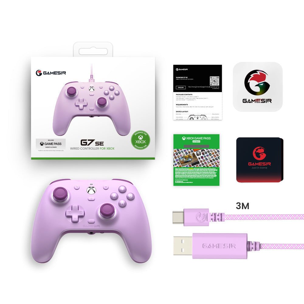 GameSir G7 SE Xbox Wired Controller in Radiant Purple with accessories and packaging.