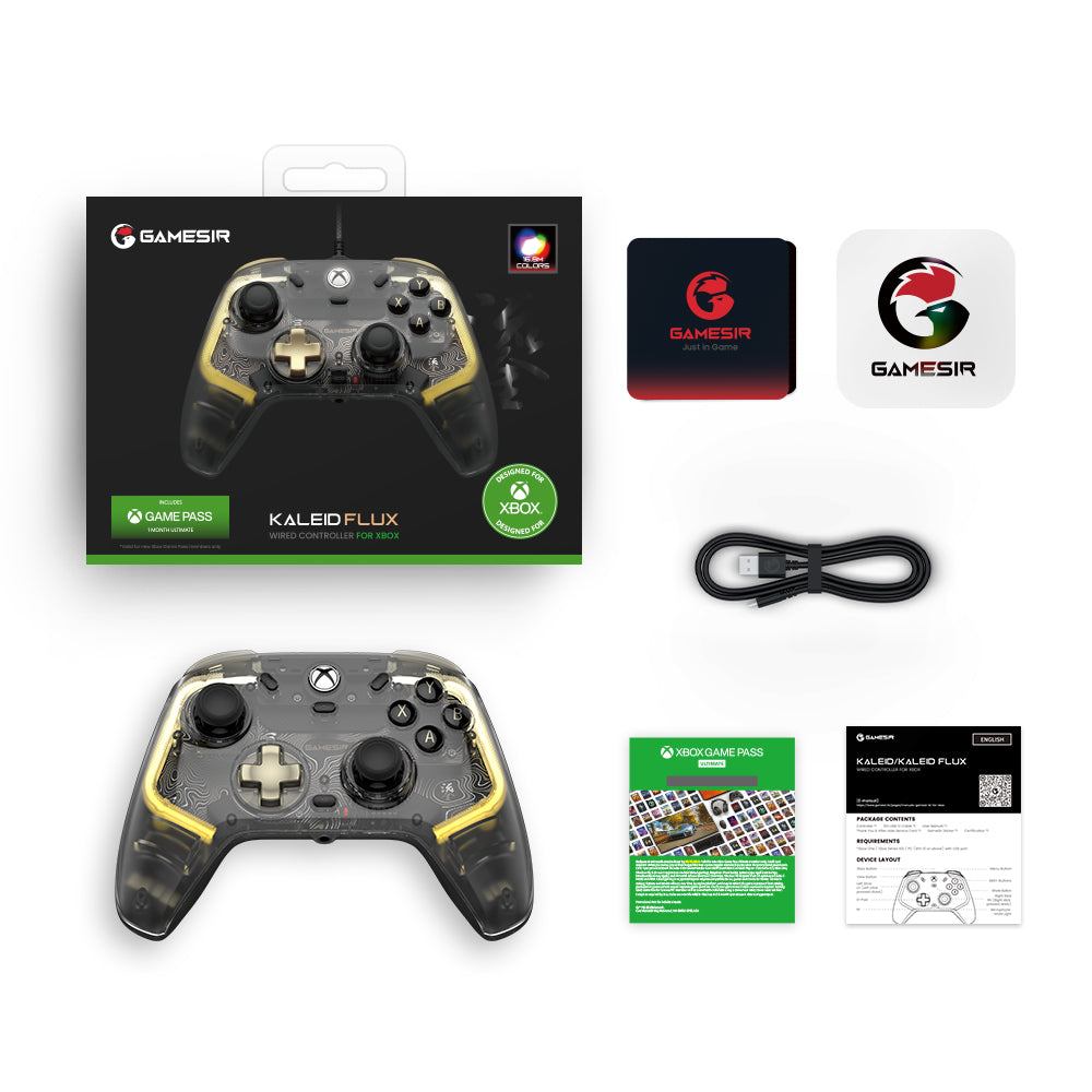 GameSir Kaleid Flux Xbox Wired Controller with transparent design, Hall Effect sticks, and customizable LED lights.