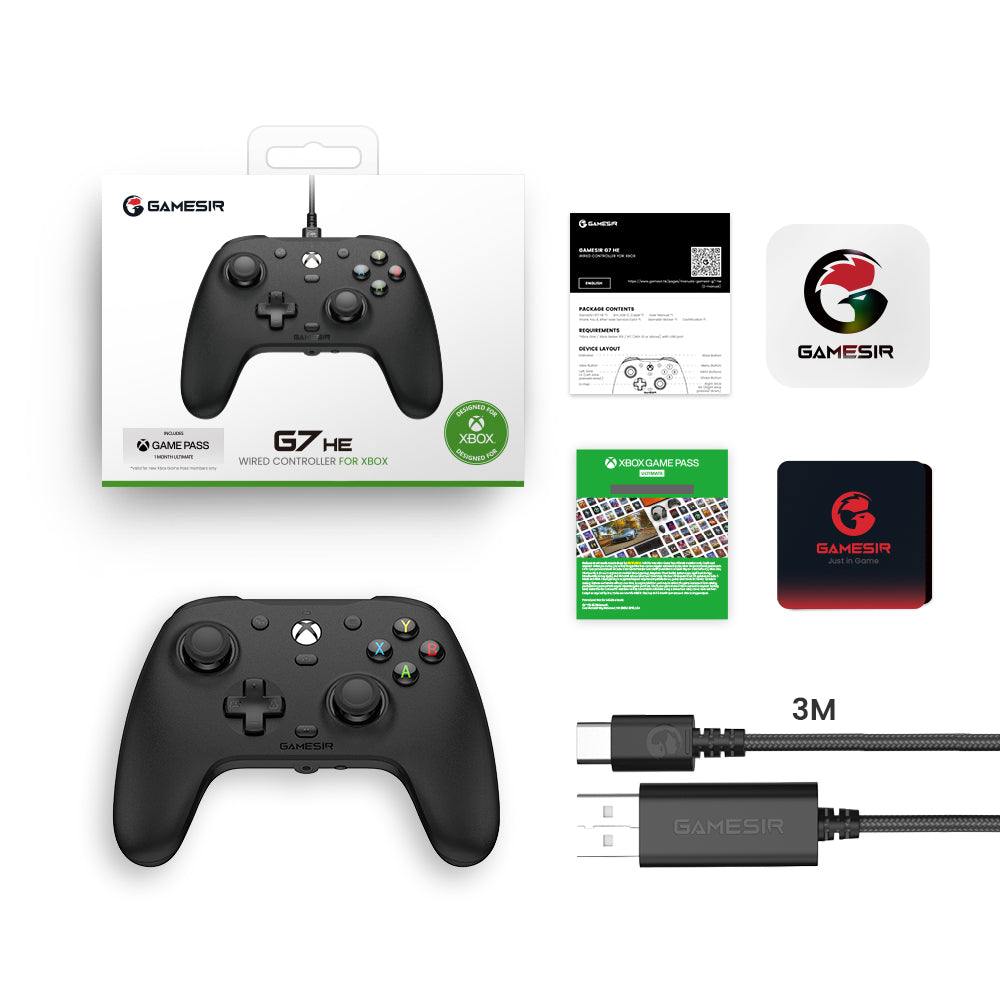 GameSir G7 HE black Xbox wired controller with accessories displayed.
