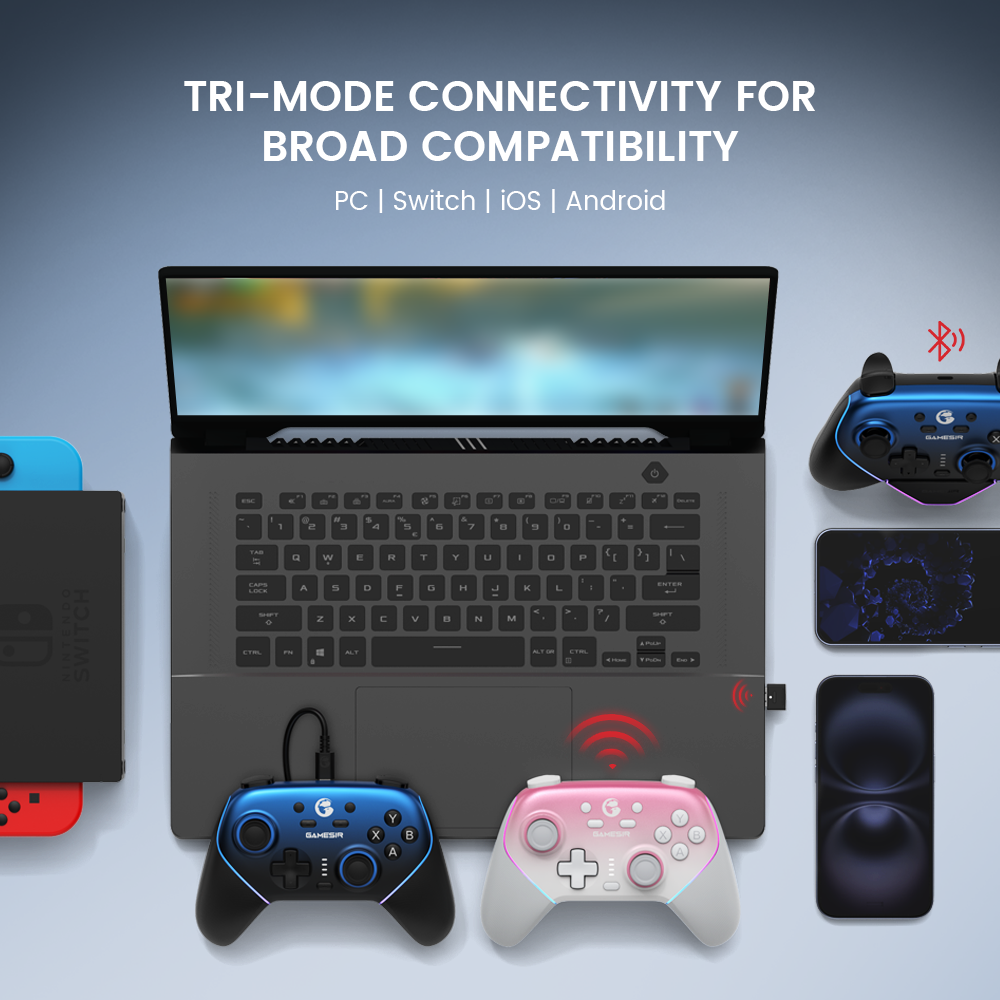 Super Nova offers versatile connectivity, working flawlessly with PC, Switch, Android, and iOS devices via Bluetooth, wired, and wireless dongle connection