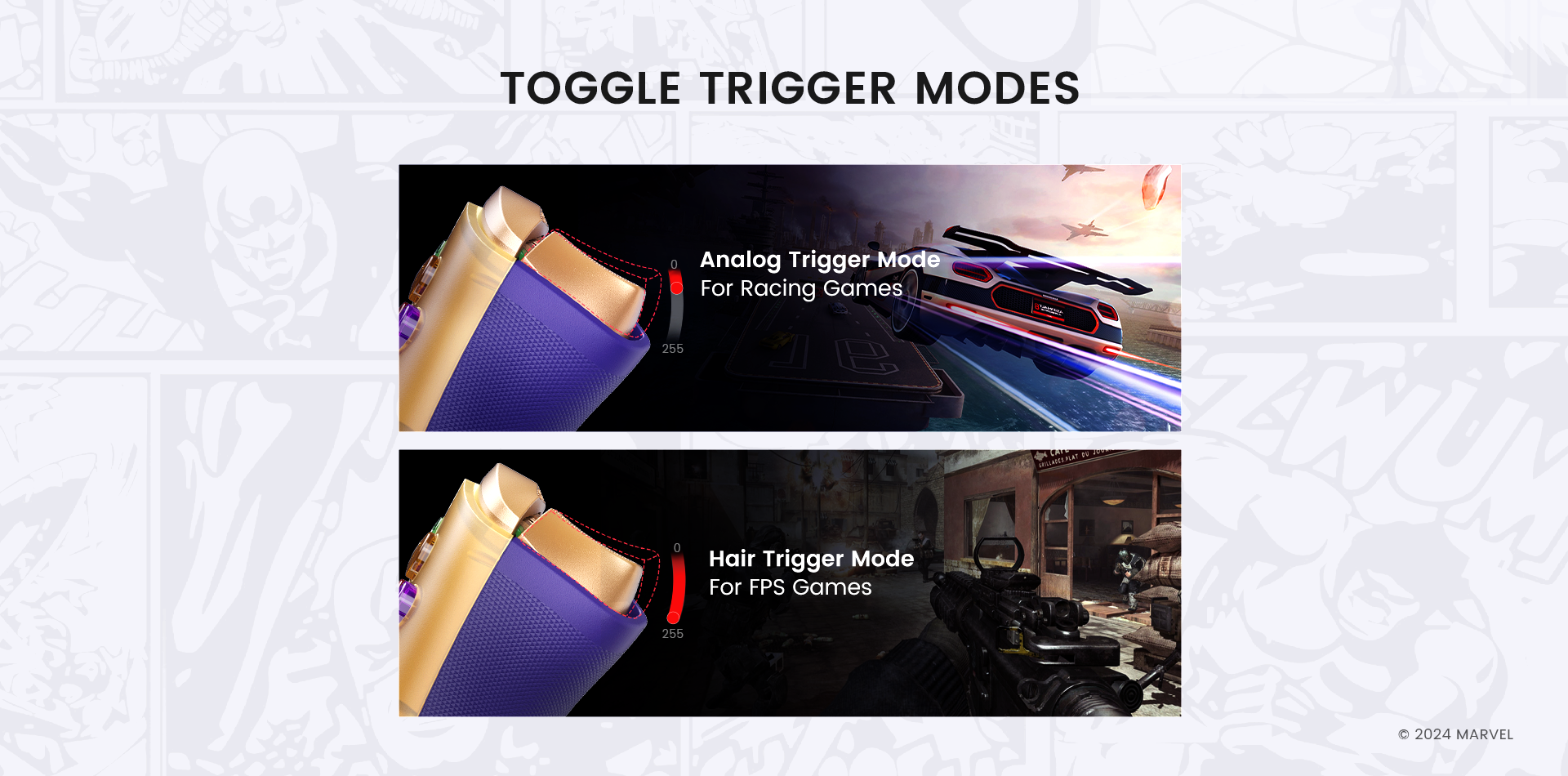 Features togglable trigger mode, Hall Effect analog triggers for racing games, Hall Effect hair triggers for FPS or action games