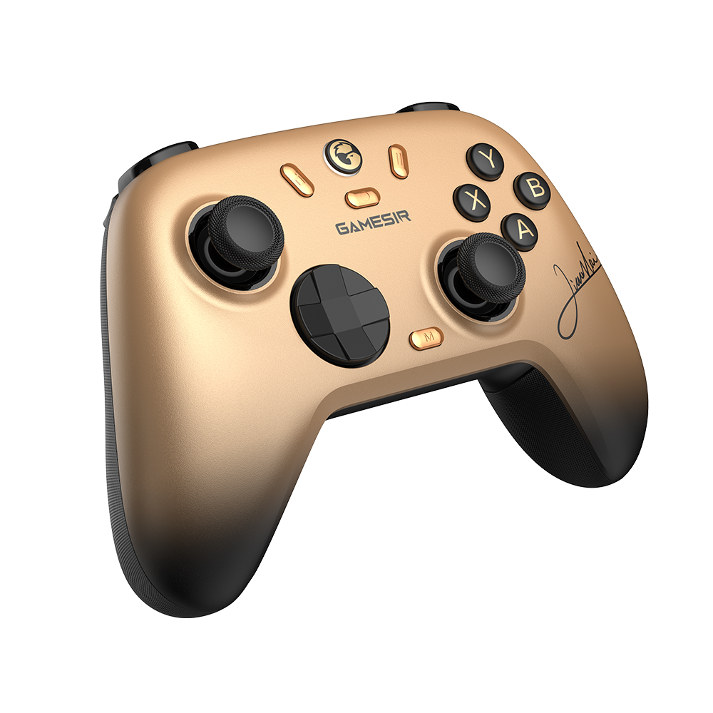GameSir Nova 2 Lite wireless gold game controller with circular D-pad and dual analog sticks for multiplatform gaming
