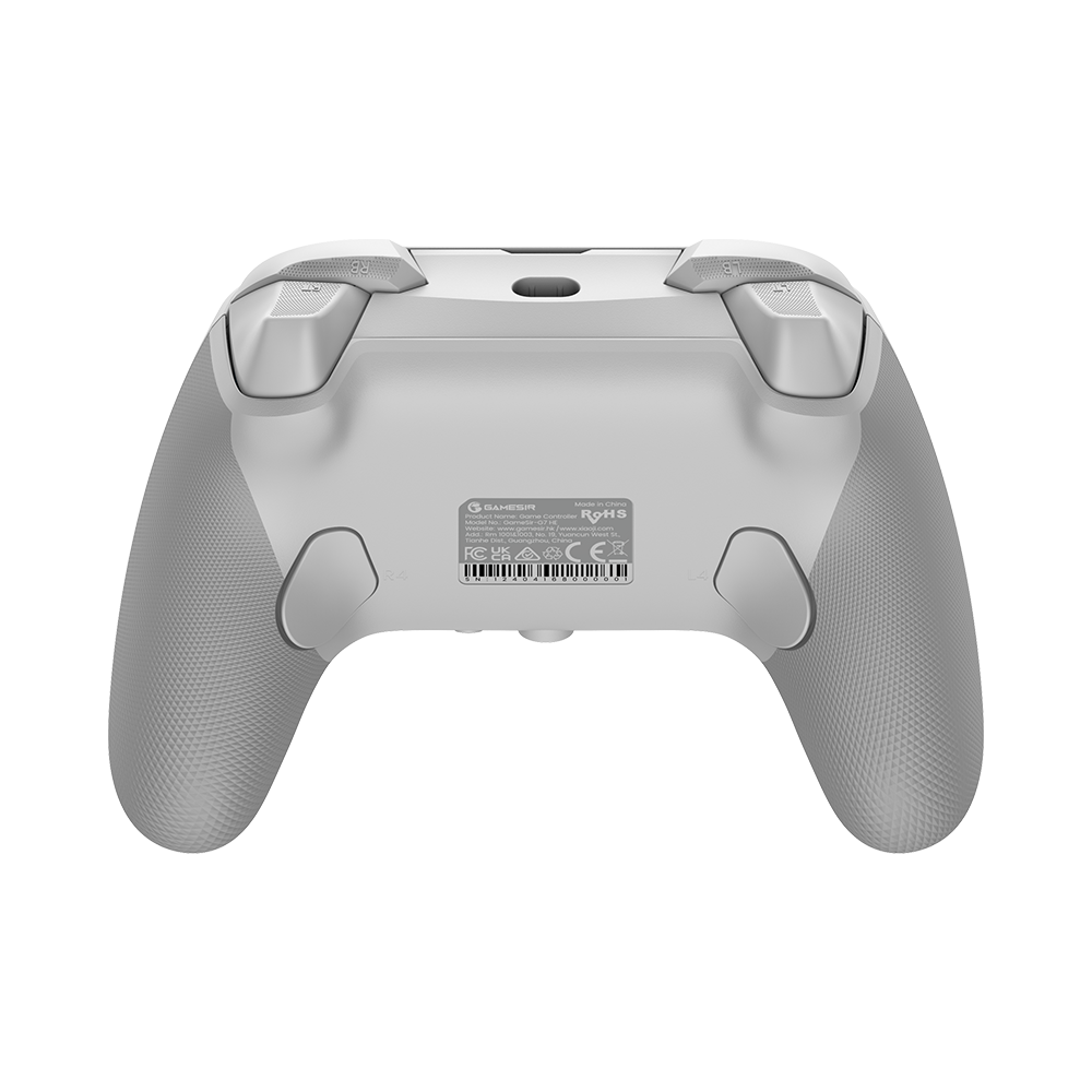Xbox Wired Controller - White rear view, featuring textured grips and trigger buttons for precise control.