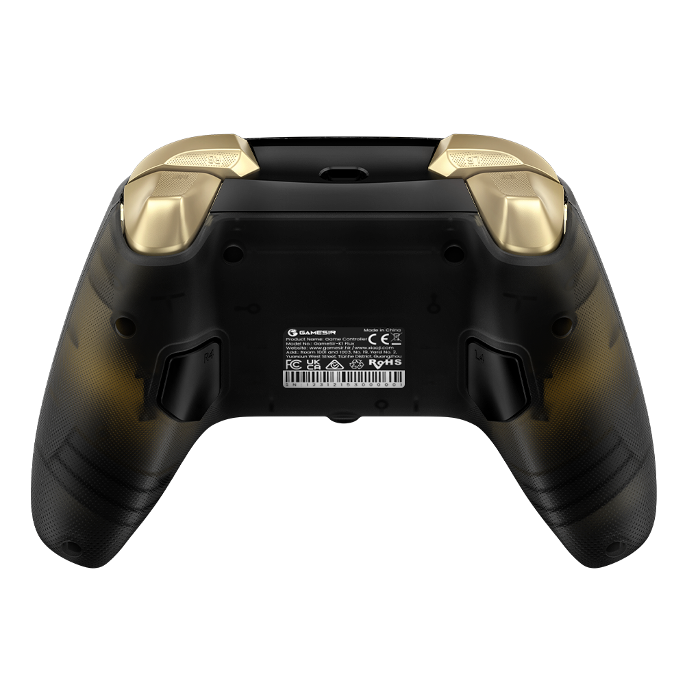 GameSir Kaleid Flux Xbox Wired Controller back view with gold accents.