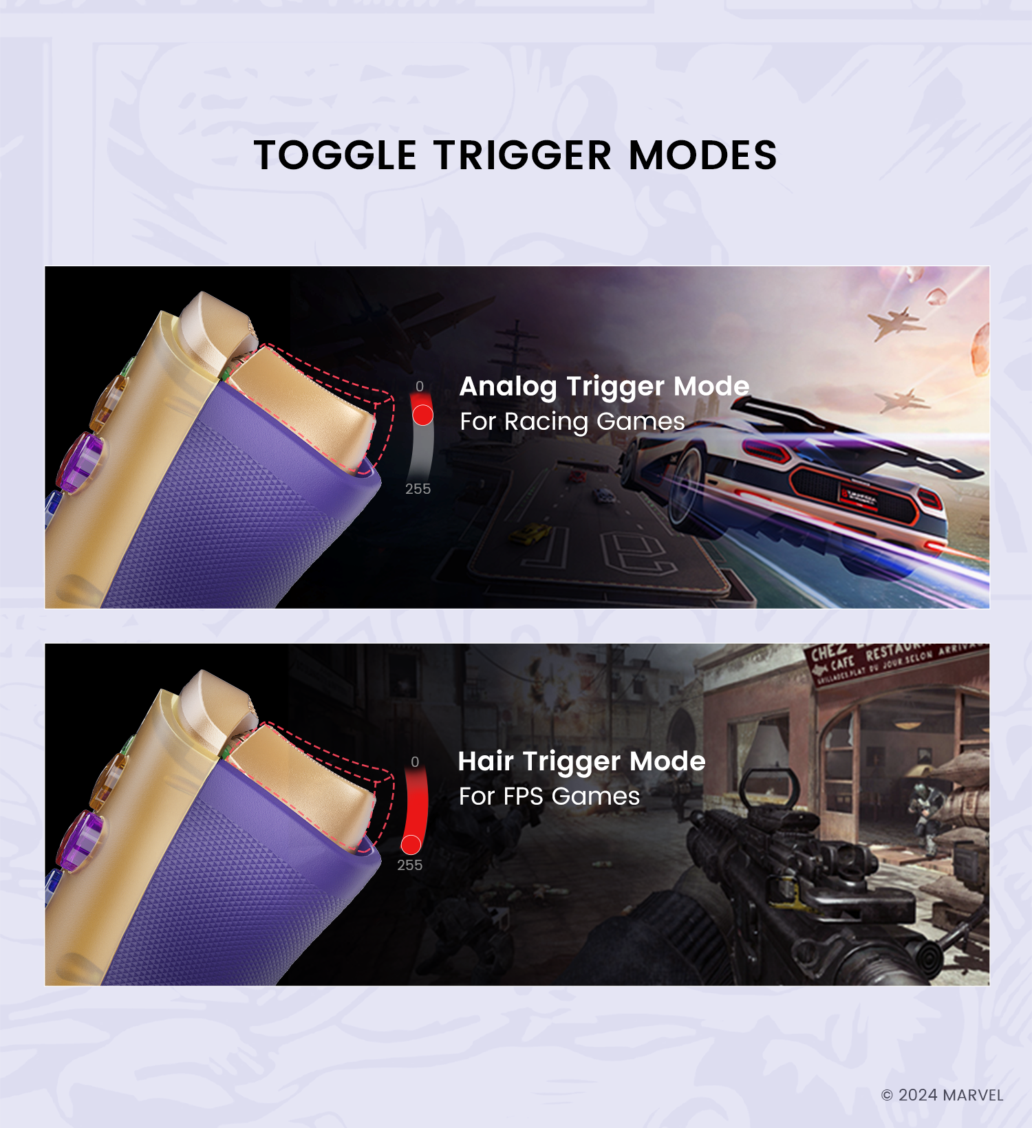 Features togglable trigger mode, Hall Effect analog triggers for racing games, Hall Effect hair triggers for FPS or action games