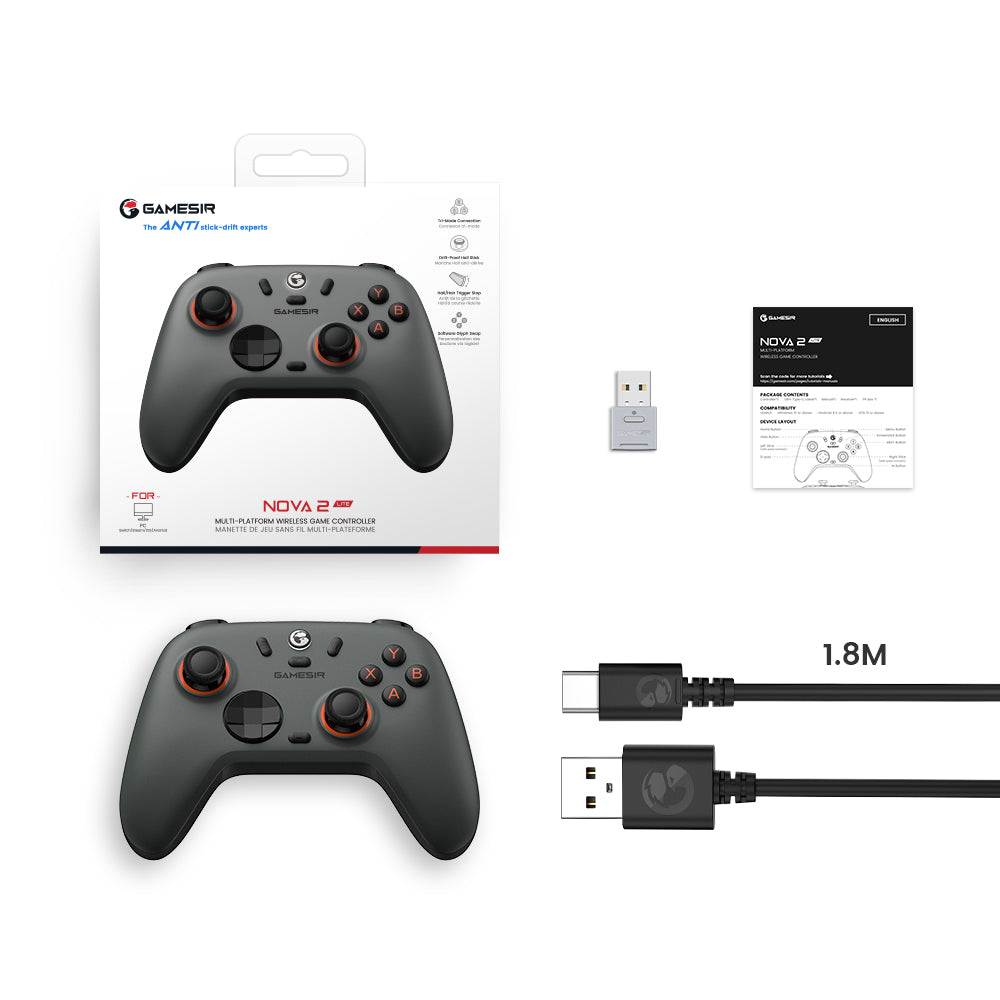 GameSir Nova 2 Lite Multiplatform Wireless Game Controller with USB cable and adapter.