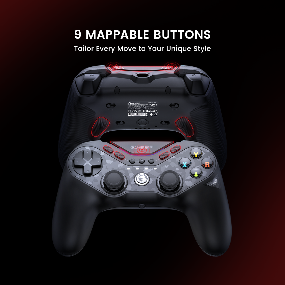 9-button remapping with RGB lighting control and Switch/Xbox layout switching via gear mechanism