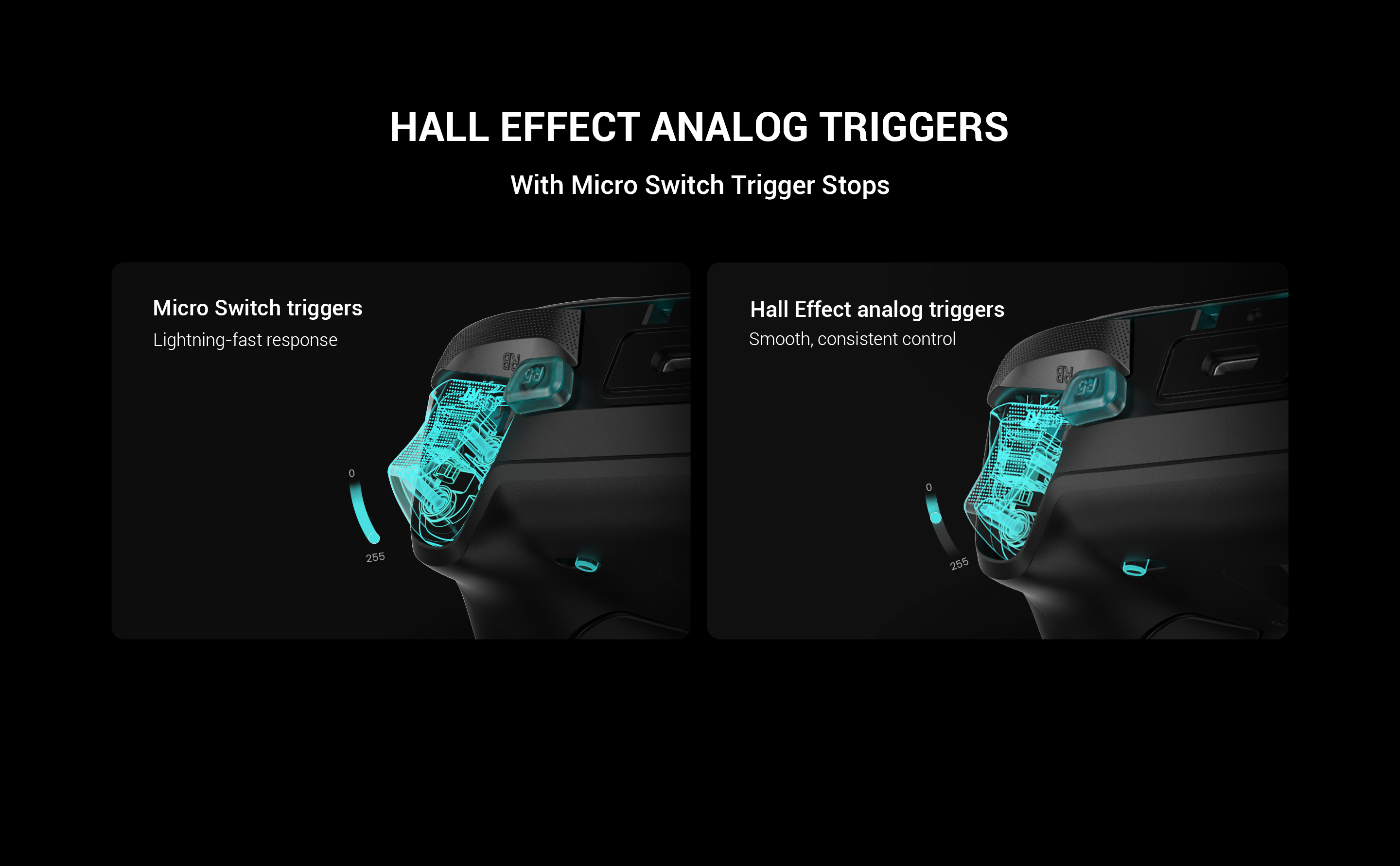 Dual-Mode Trigger StopsDual-mode trigger stops, letting you switch effortlessly between Hall Effect analog triggers and micro switch triggers. Precision-tuned Hall Effect analog triggers deliver smooth, linear input for accurate control, while clicky micro switch triggers provide instant response. Whether you need precise linear control or ultimate responsiveness, it gives you the competitive edge.