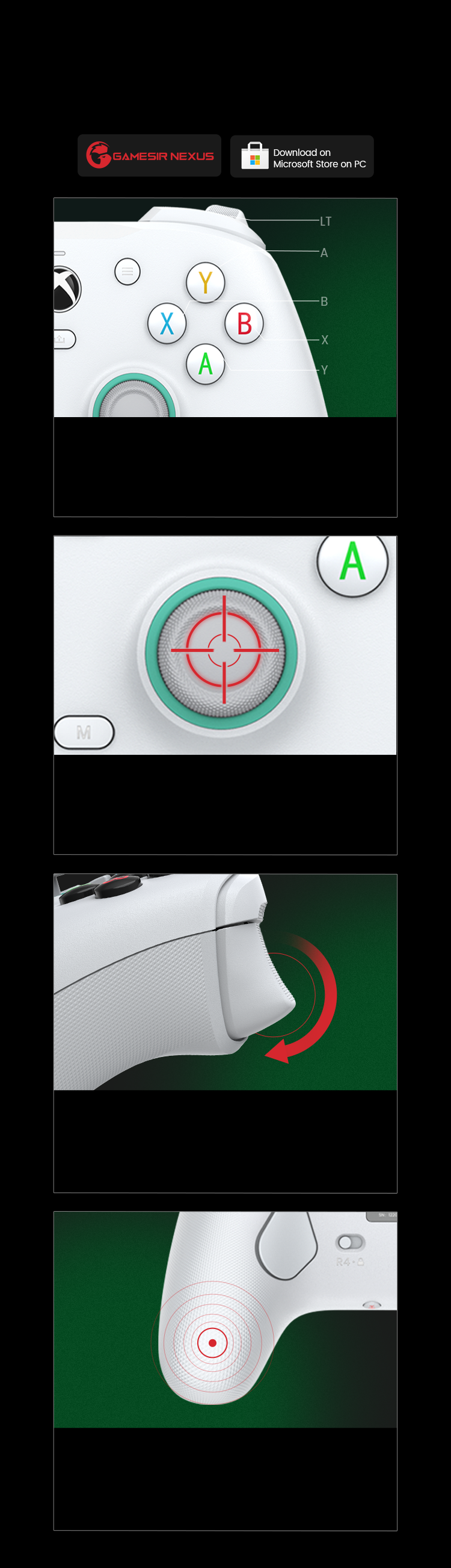 Fully customizable via GameSir Nexus software, offering button mapping, stick & trigger zone adjustments, vibration settings, and exclusive impulse triggers for all games