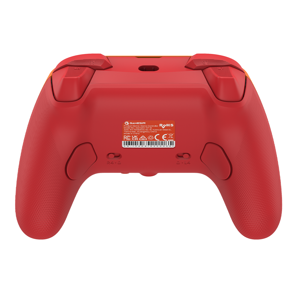 GameSir G7 SE Xbox Wired Controller in vibrant orange showing back view with secure quick latches.