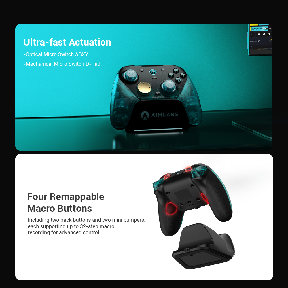 GameSir G7 Pro 8K PC - Aimlabs Edition game controller. Master every game genre with our innovative Dual-Mode Trigger Stops. Seamlessly switch between Micro Switch triggers for a crisp, mouse-click feel and lightning-fast response—perfect for competitive FPS titles—or engage the Hall Effect analog triggers for smooth, consistent control, providing the precise linear input required for racing and simulation games.