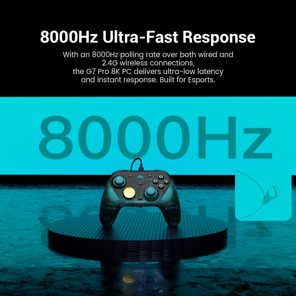 GameSir G7 Pro 8K PC - Aimlabs Edition game controller. Ultra-fast Actuation: High-precision Optical Micro Switch ABXY buttons and Mechanical Micro Switch D-Pad.Four Remappable Macro Buttons: Strategically placed (two back buttons, two mini bumpers) for seamless access.Advanced Macro Recording: Program up to 32 steps per button for unparalleled in-game control.