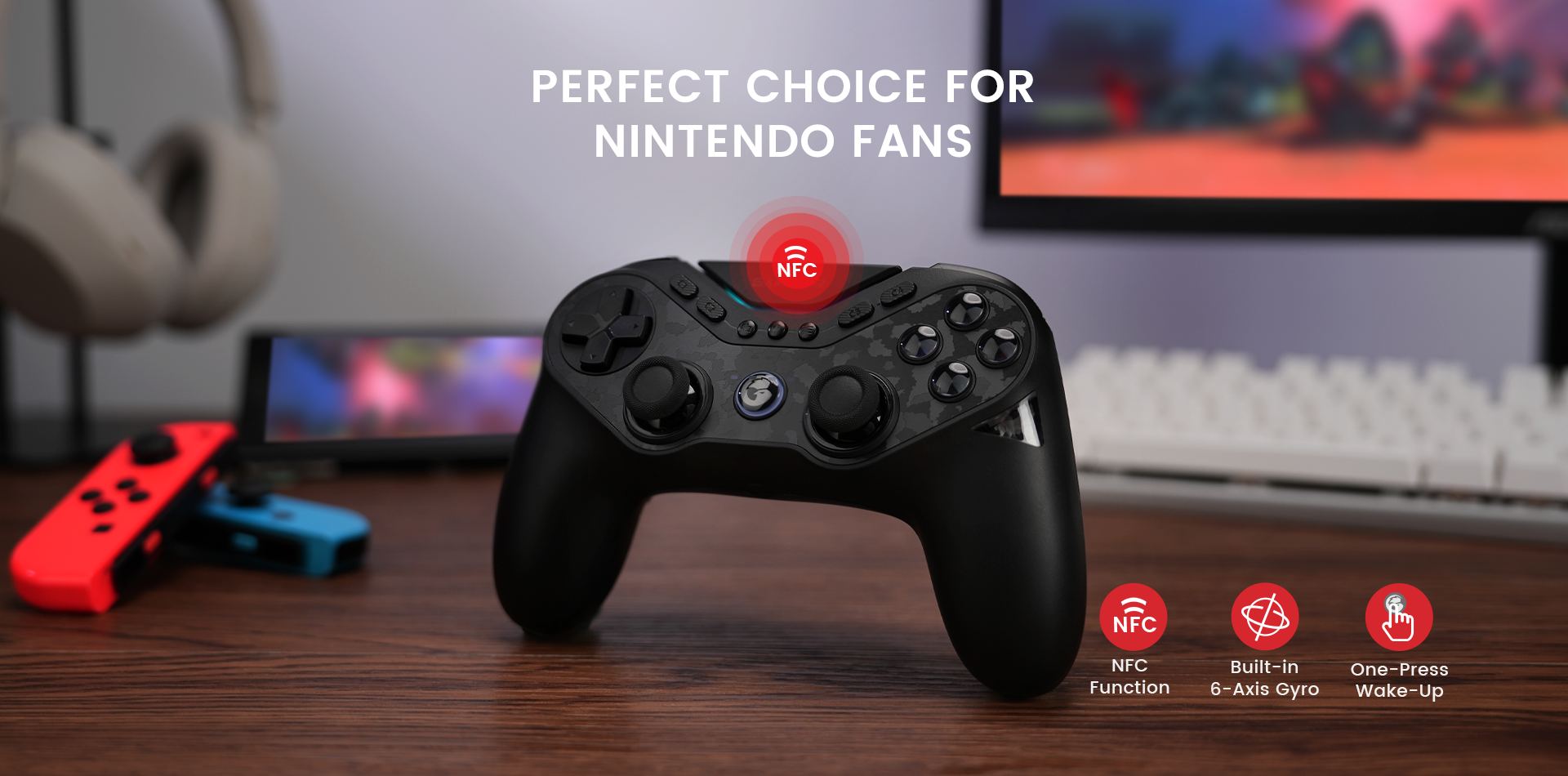 6-axis gyro motion controls with NFC/Amiibo support and one-touch Switch wake-up function