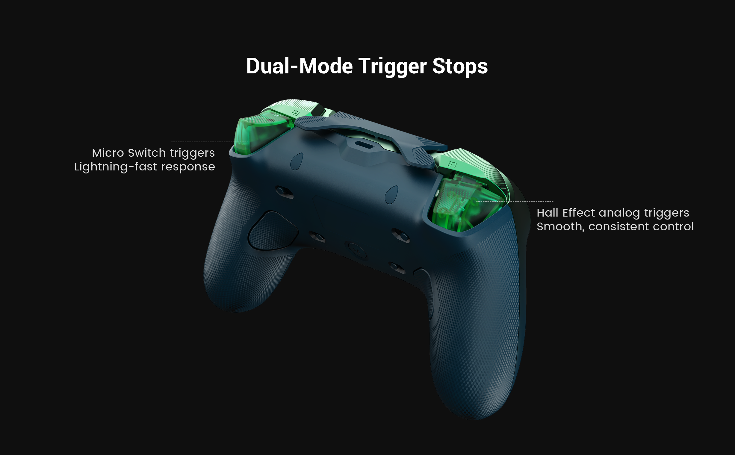  Dual-Mode Trigger Stops of the GameSir Tarantula 8K PC (MenaRD Collab Edition). This feature allows players to physically change how the LT and RT triggers behave to suit different game genres.Here is a breakdown of the two distinct modes:1. Hall Effect Analog Mode (Smooth Control)How it works: Uses magnetic Hall Effect sensors to detect the full range of the trigger pull (usually from 0 to 255).The Feel: A long, smooth, and consistent travel distance.Best For: Games that require pressure sensitivity, such as racing games (for precise throttle and braking) or certain action games where you need to charge up an attack or draw a bow.2. Micro Switch Mode (Lightning-Fast Response)How it works: When you flip the physical 