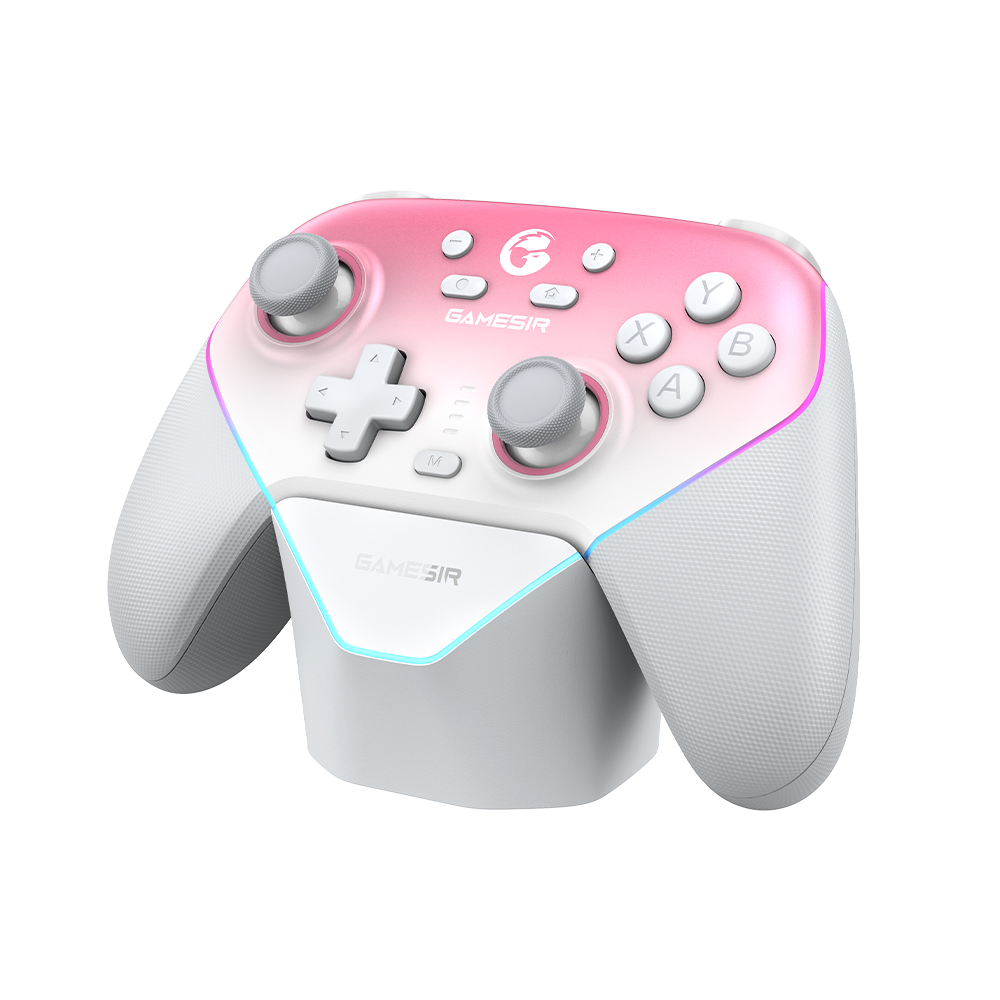 Gamesir Super Nova multiplatform game controller with pink and white design.