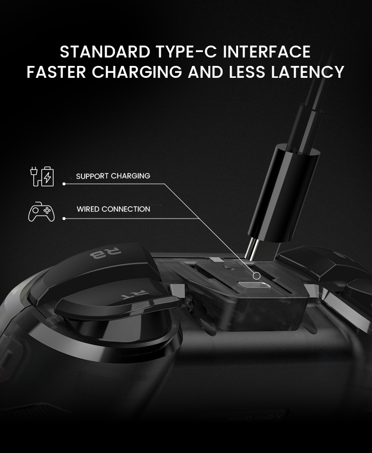 Standard Type-C gaming controller interface with reversible design, enabling faster charging speeds and reduced latency for seamless gameplay