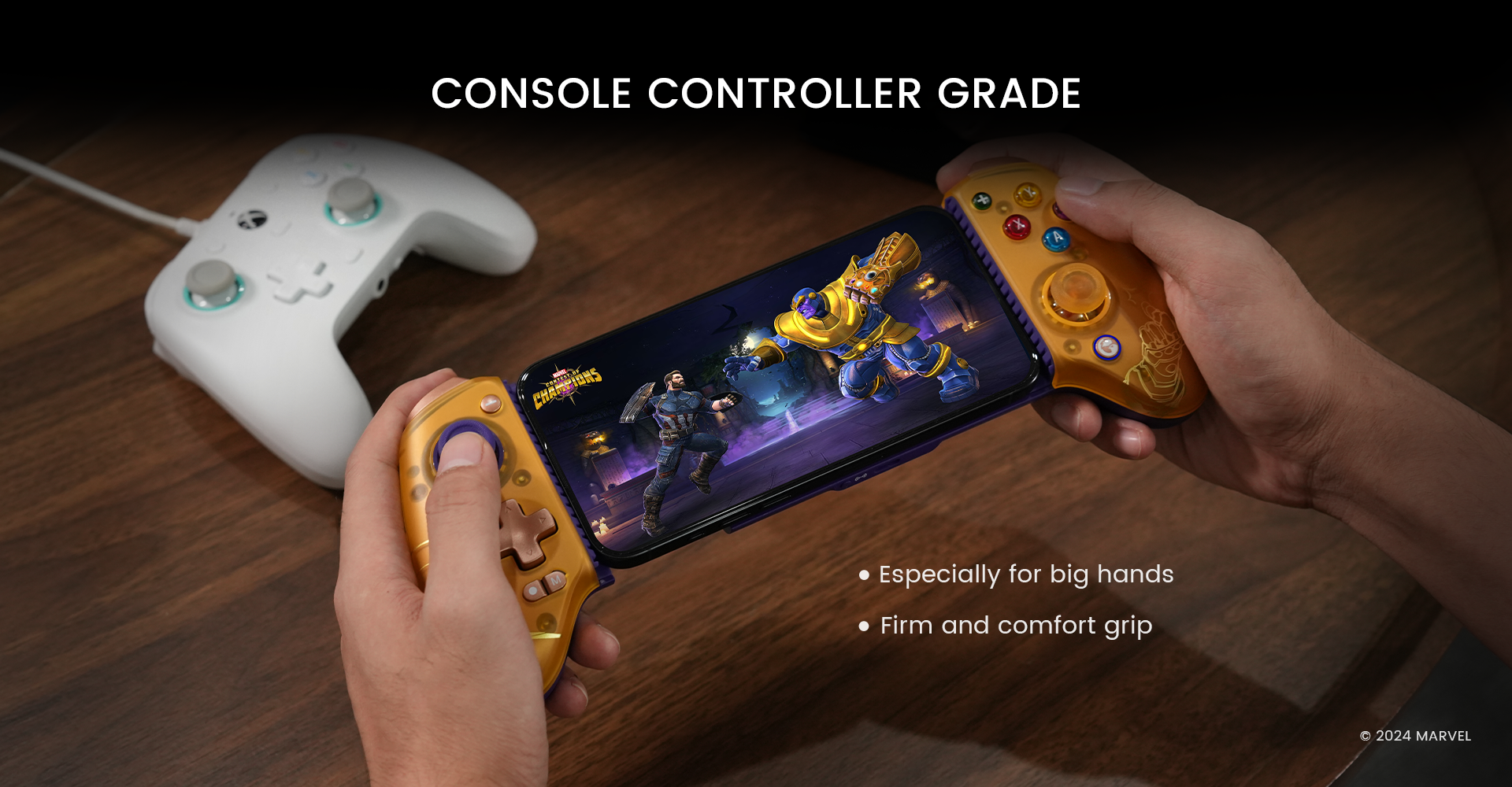 Console controller grade sicks and buttons for exceptional comfort, especially designed for big hands, bringing firm and comfortable grip