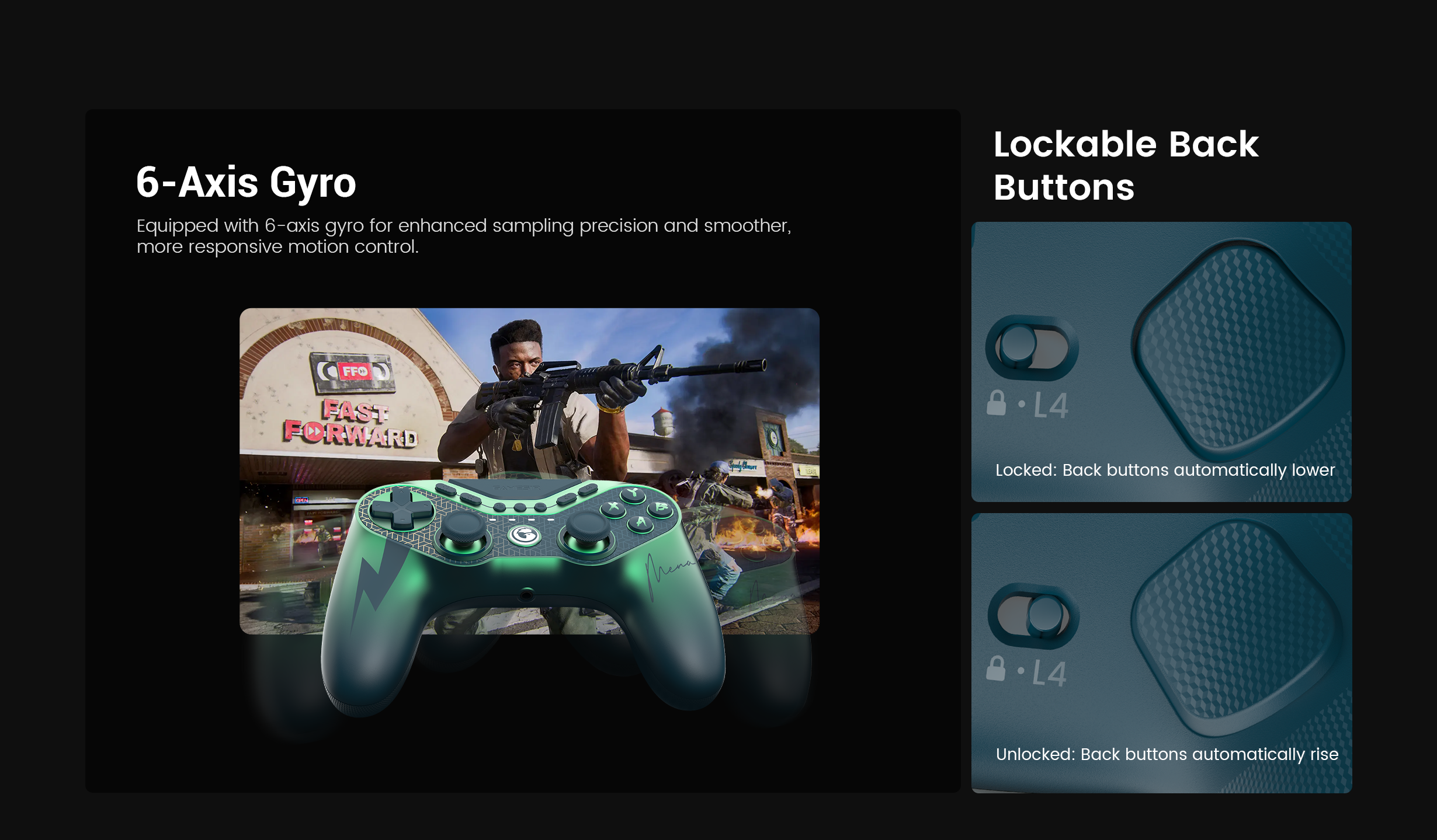  GameSir Tarantula 8K PC (MenaRD Collab Edition), focusing on motion control and physical button customization.1. 6-Axis GyroDespite its Xbox-style layout, the Tarantula 8K includes professional-grade motion hardware.The Tech: It is equipped with a 6-axis gyroscope that tracks movement across three axes of rotation and three axes of translation.The Advantage: By providing 