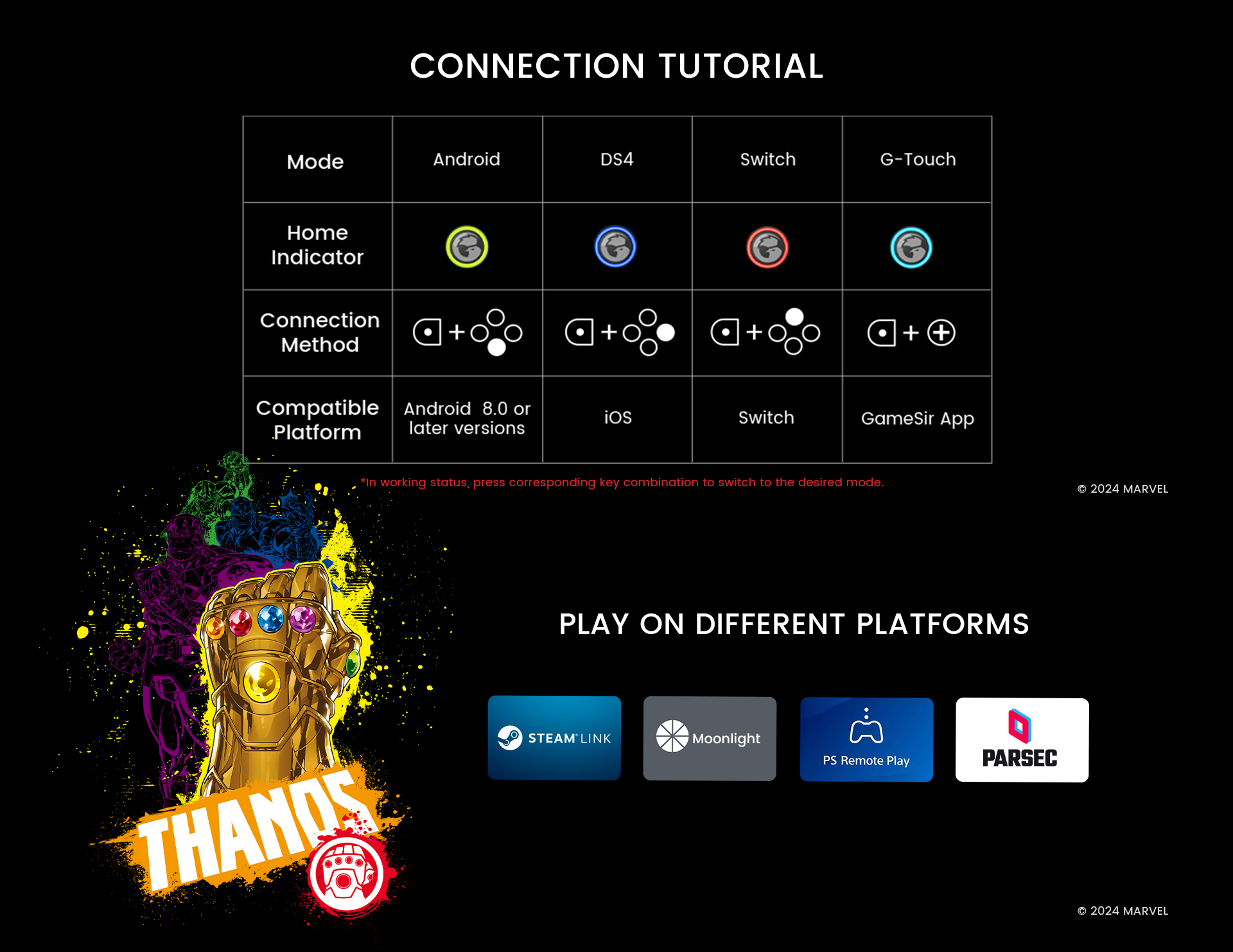 Connection tutorial for Android, iOS, and Switch, use button combination to switch to the corresponding mode, supports playing on different platforms