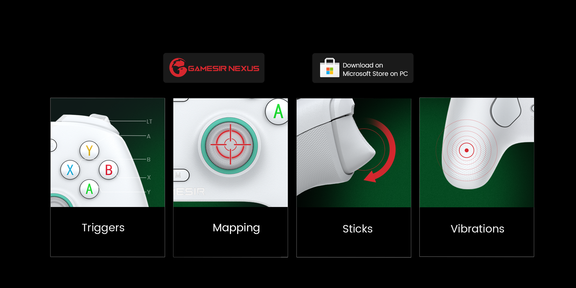 Fully customizable via GameSir Nexus software, offering button mapping, stick & trigger zone adjustments, vibration settings, and exclusive impulse triggers for all games