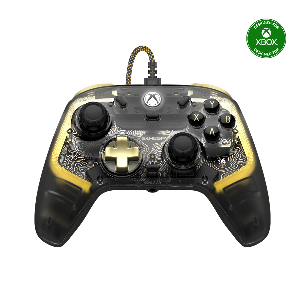 GameSir Kaleid Flux Xbox wired controller with transparent body and customizable LED lights.