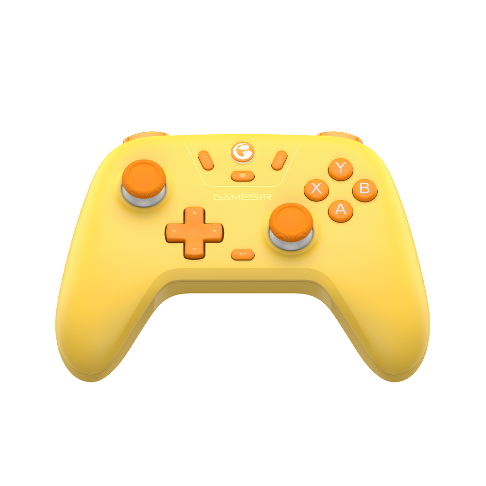 GameSir Nova Lite Multiplatform Controller in yellow and orange design with Hall Effect sticks and analog triggers.