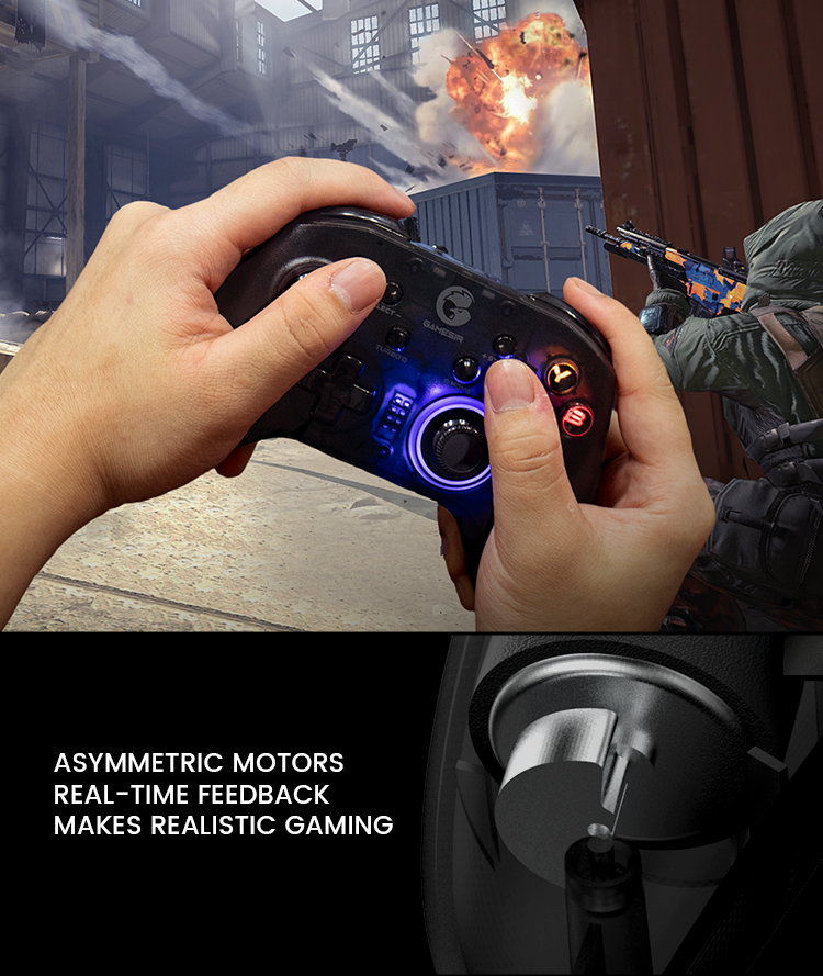 Asymmetric vibration motors with real-time feedback, adapting vibration strength for shooting, impacts, and in-game events to enhance gaming realism