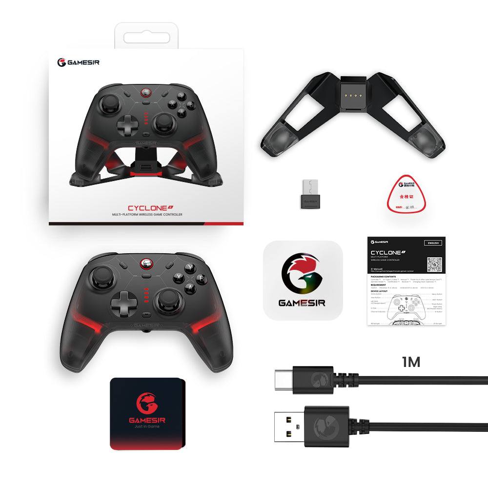 GameSir Cyclone 2 Multiplatform Controller in Shadow Black with accessories, showcasing high performance features.