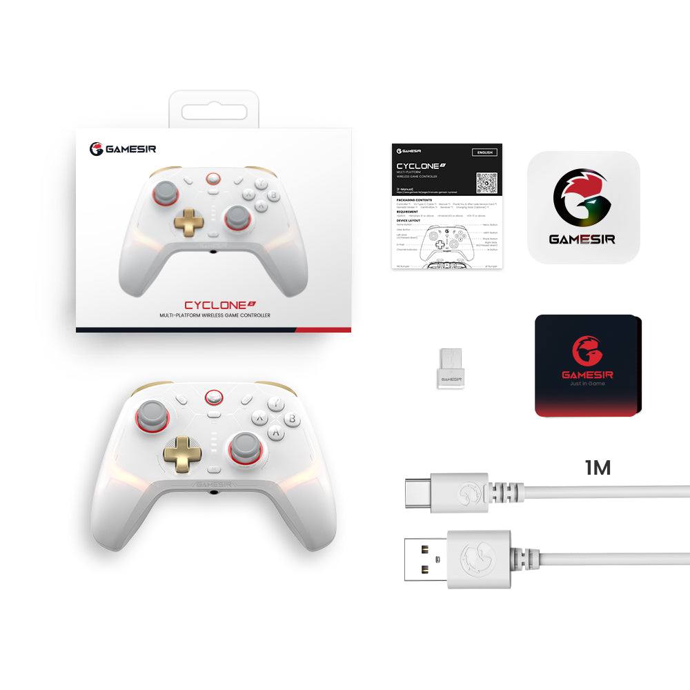 GameSir Cyclone 2 Multiplatform Controller - Phantom White with accessories and packaging.