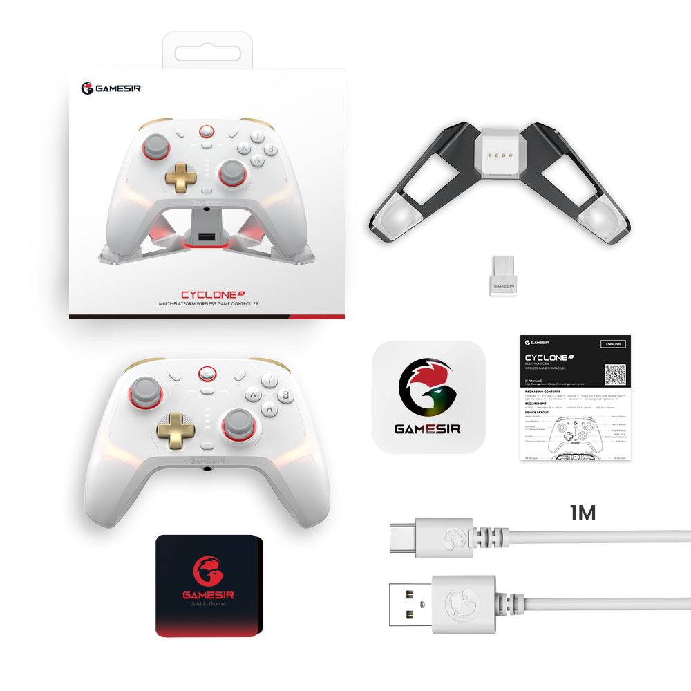 GameSir Cyclone 2 Multiplatform Controller - Phantom White with accessories and packaging.