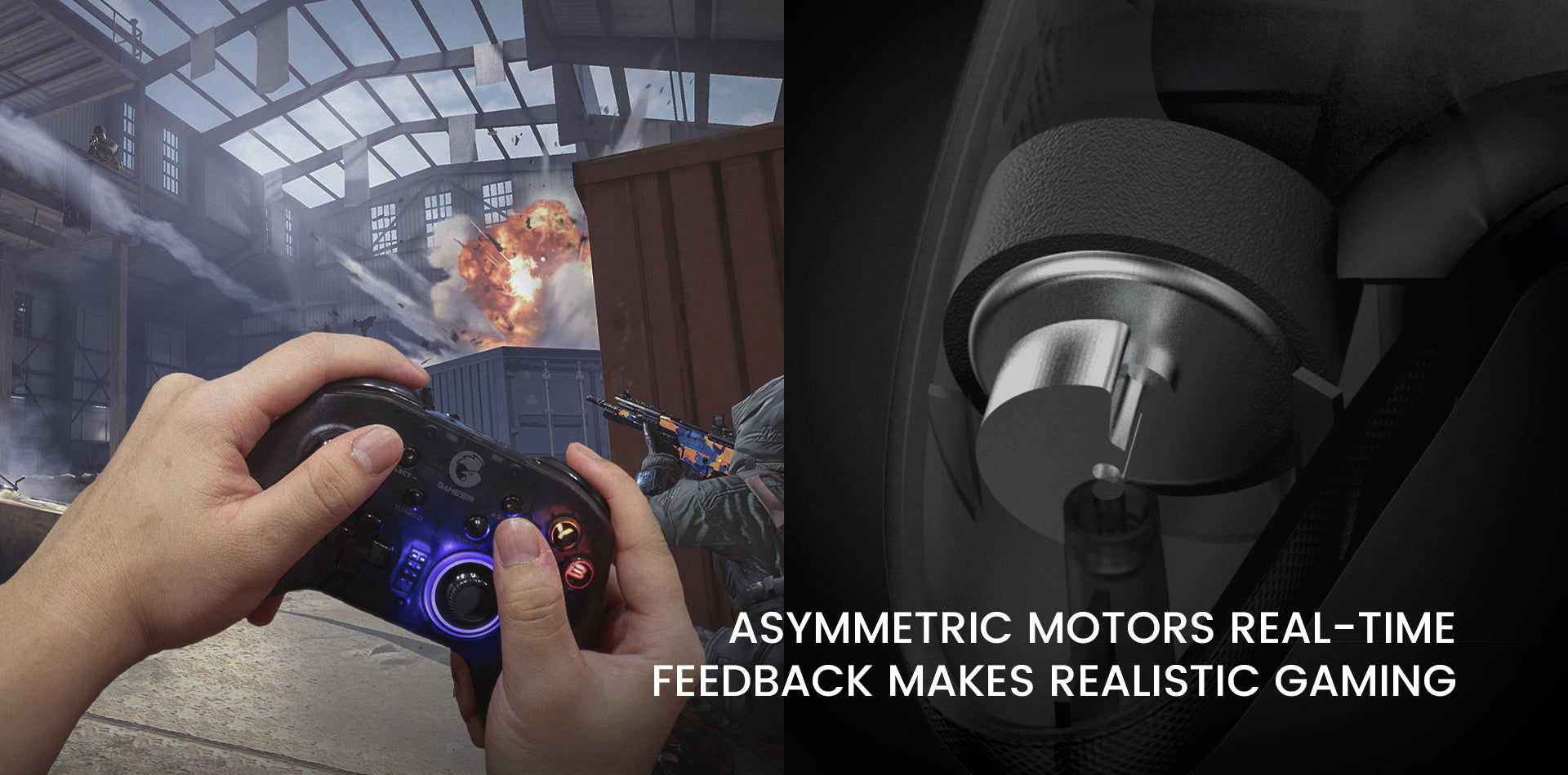 Asymmetric vibration motors with real-time feedback, adapting vibration strength for shooting, impacts, and in-game events to enhance gaming realism