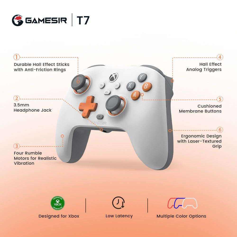 GameSir T7 Xbox Wired Controller - Blue with Hall Effect sticks and triggers for precise control, four rumble motors for immersive gaming, and ergonomic design.