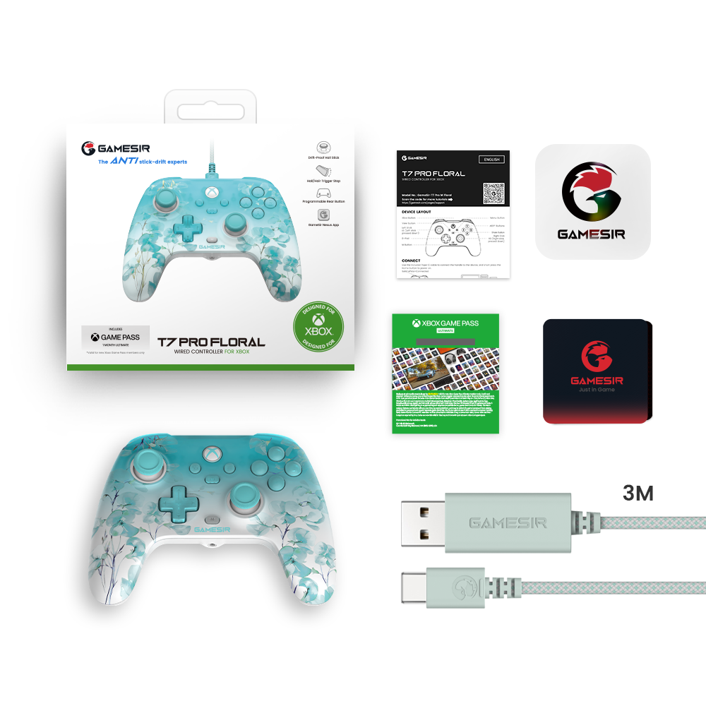 GameSir T7 Pro Floral wired controller for Xbox with floral pattern and RGB lighting
