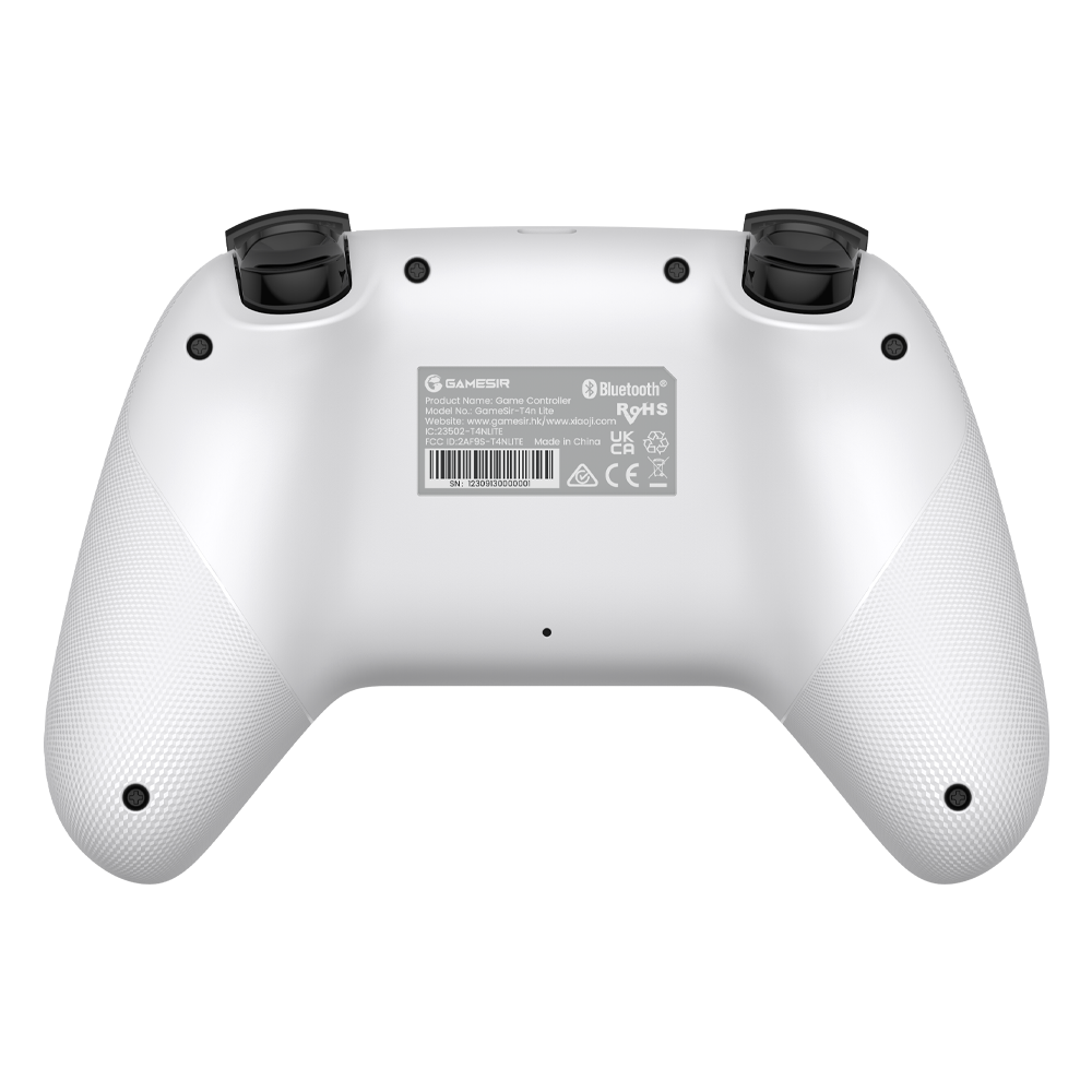 Rear view of the GameSir Nova Lite Multiplatform Controller in white, showcasing its ergonomic design and textured grips.